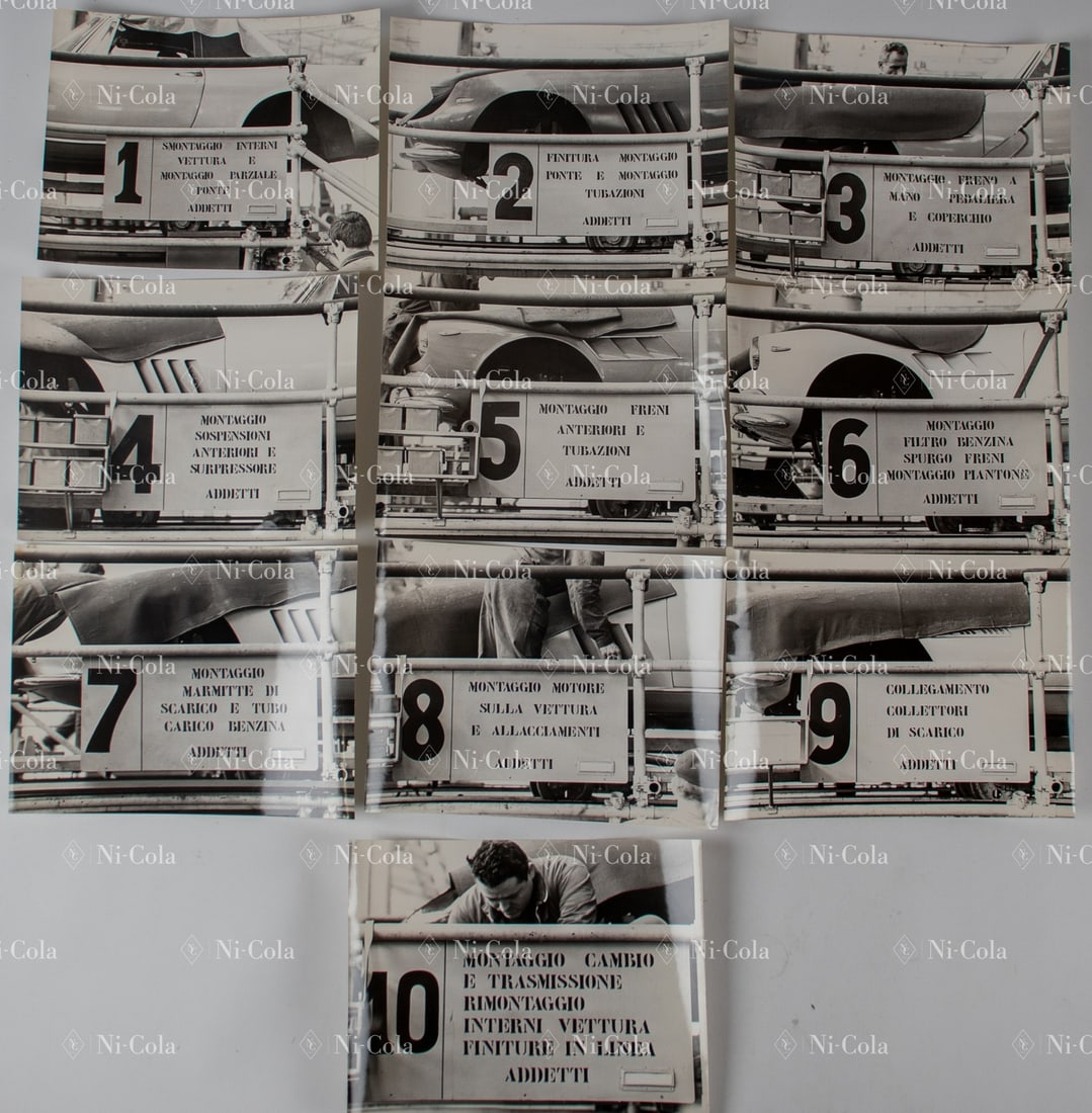 Ferrari 10 Original B/W factory press photos of the Ferrari: This photo series by photographer Franco Villani Bologna shows all sections of the production line from 1 to 10, the shots show the models 275 GTB and 330 GT, 23 x 17.5 cm, verso with FF Galleria,