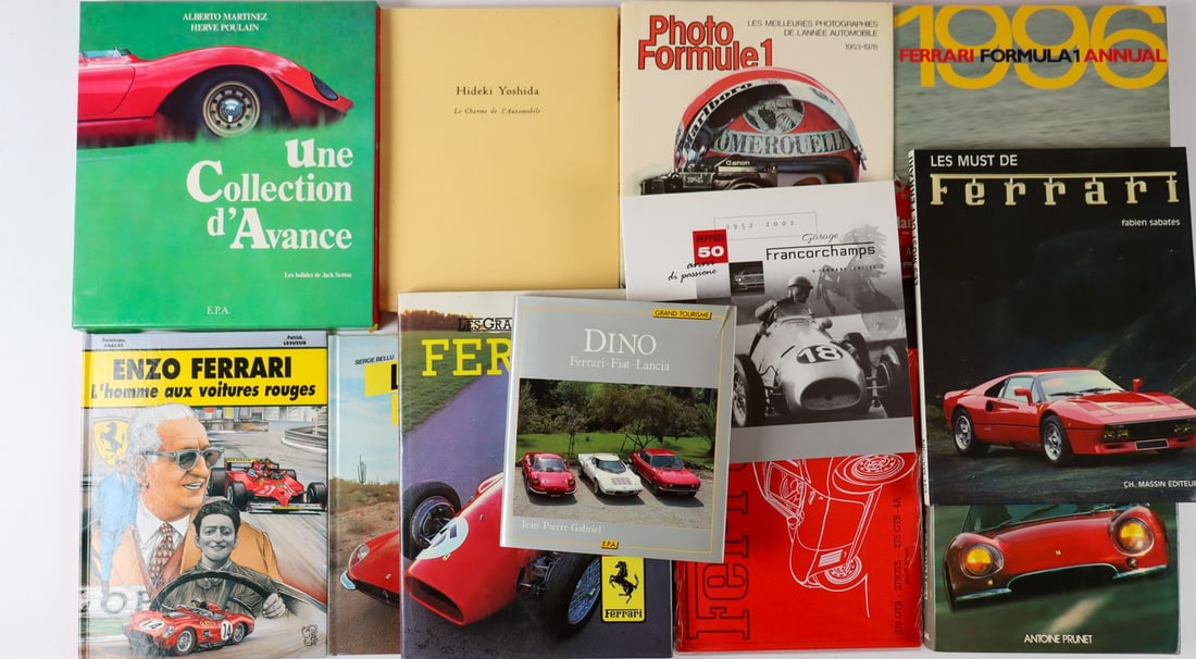 Ferrari 12x Book on the subject of Ferrari: Including 'Ferrari - 275GTB - 275 GTS - 275GTB - 4A' by Jess Pourret, 'Une Collection d'Avance' by Martinez / Poulain, 'Les Ferrari de Route et de Reve' by Prunet etc., French, partially in original p