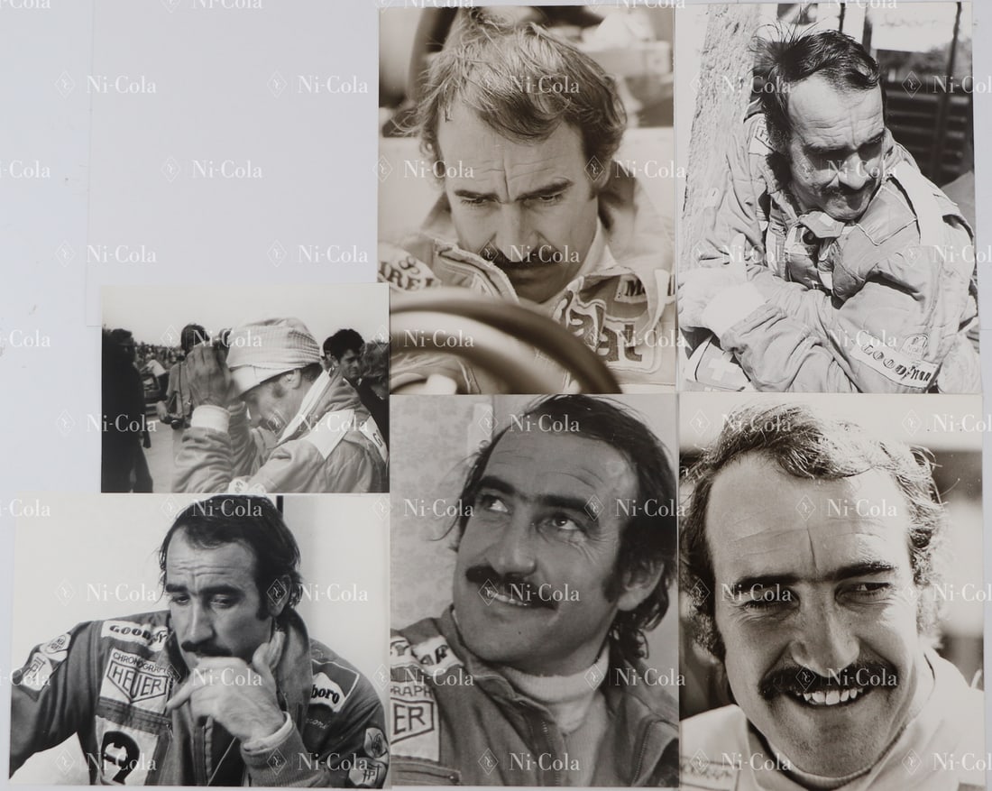 Ferrari 6 original B/W press photos of Clay Regazzoni from: Dimensions from 12.7 x 17.7 cm to 24 x 18 cm, all stamped 'Ing. Alois H. Rottensteiner'