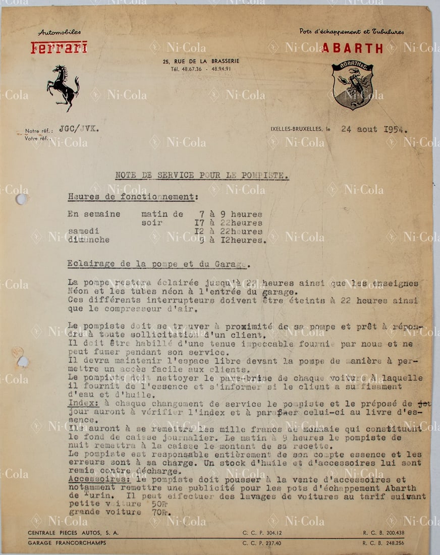 Ferrari Work instruction from Garage Francorchamps for the: Rare early instruction on how Ferrari vehicles are prepared for customer delivery, first dealer letterhead of Garage Francorchamps with Ferrari and Abarth logo