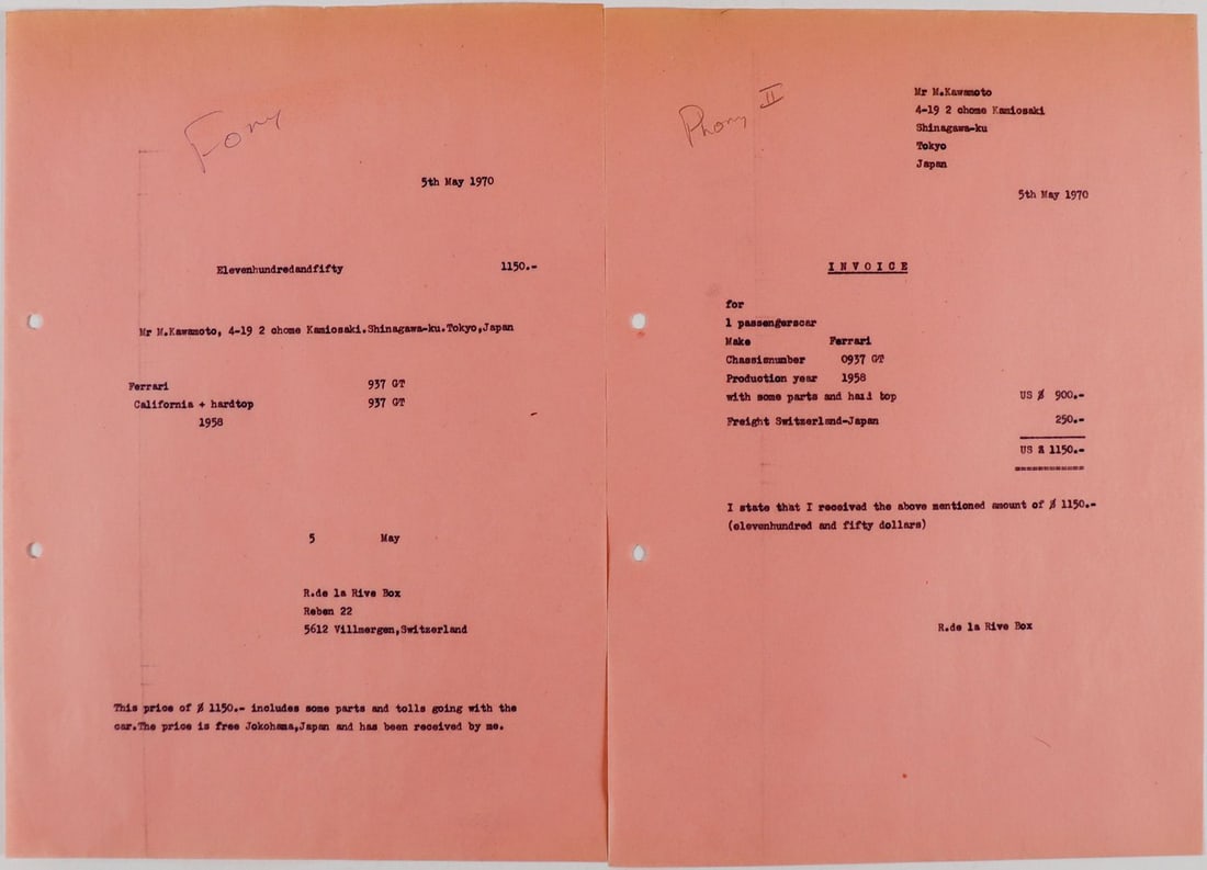 Ferrari Rob de la Rive Box Archive: 2 pages, original purchase invoice Type 250 GT LWB California Spider, s/n 0937GT from sale 1970 to Minoru Kawamoto in Japan, invoice and confirmation of receipt of purchase amount, English, Ray Scherr