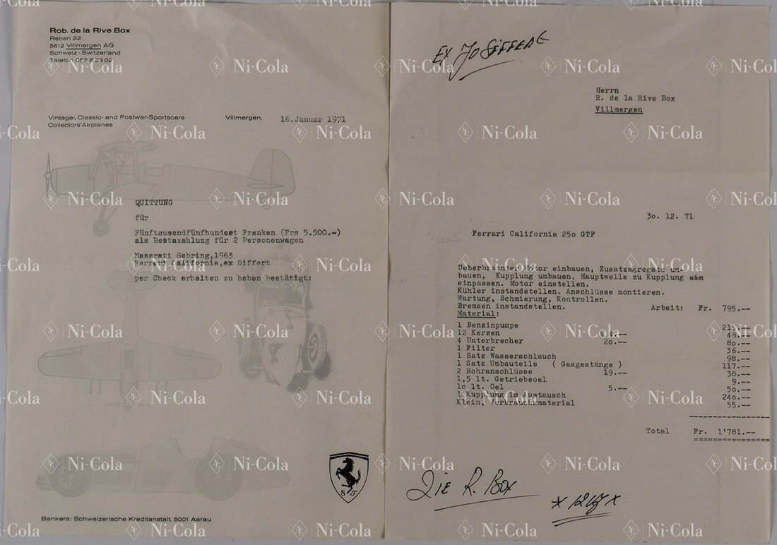 Ferrari Archive Rob de la Rive Box: 2-piece documents regarding Type 250 GT LWB California s/n 1217GT ex - Jo Siffert, 1x invoice to Rob de la Rive Box for work performed on the vehicle, 1x receipt for down payment on purchase, German