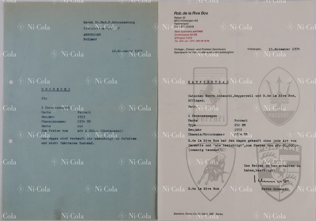 Ferrari Rob de la Rive Box Archive: 2-piece documents Type 250 MM Vignale Berlinetta s/n 0334M, 1x purchase contract from 1974, 1x invoice from 1974, German