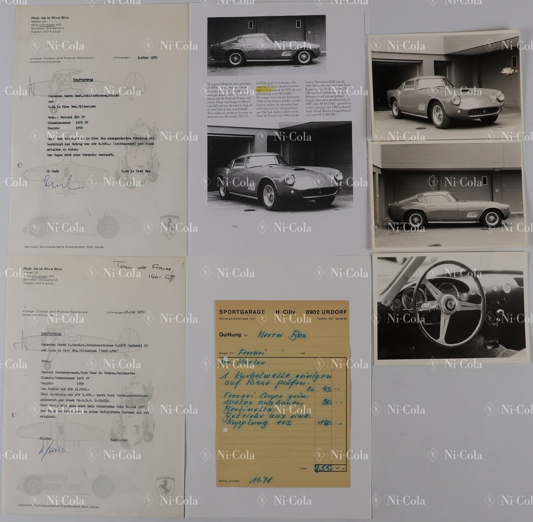 Ferrari Rob de la Rive Box Archive: 7-piece documentation Type 250 GT TdF s/n 1401GT, 1x purchase contract from 1970, 1x sales contract from 1970, 1x invoice Sportgarage Chilly for work performed, 3x original B/W press photo, 18 x 12.5