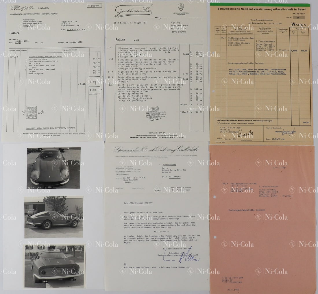 Ferrari Rob de la Rive Box Archive: 11-piece documentation Type 275 GTB s/n 10259, 3x shipping company notes from transport to the USA from 1972, 1x bank statement with payment for the vehicle from 1972, 1x note regarding sale, 1x adden