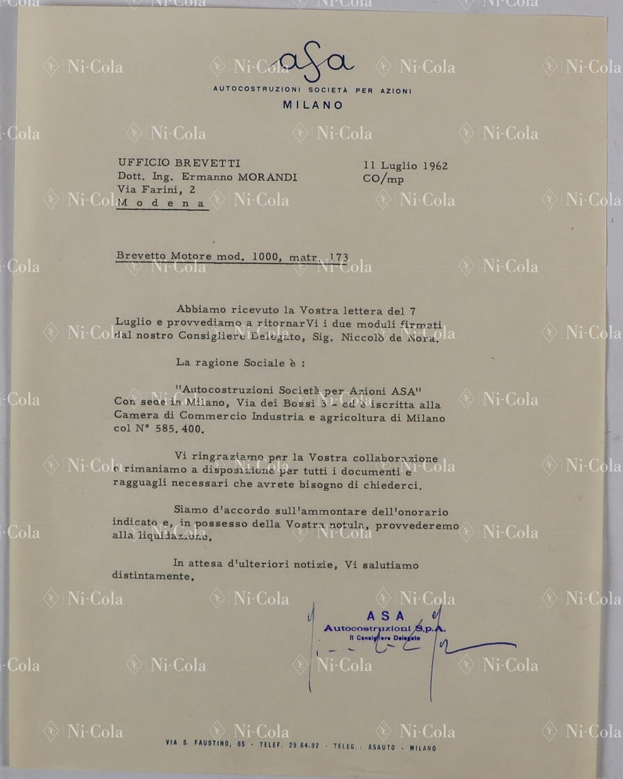Ferrari ASA Estate of the De Nora Family: Letter from ASA company to the Patent Office in Modena from 1962, regarding the patent application for the ASA Mille, providing the data of the company headquarters in Milan, 1 page, on original ASA