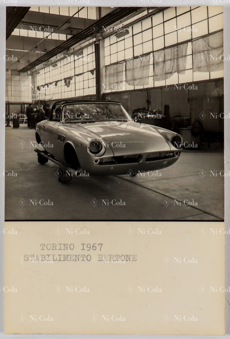 Ferrari ASA Estate of the De Nora Family: Original B/W - press photo of an unfinished Type 1000GT Spider in the workshops at Bertone 1967, 15 x 10 cm, stamped: Dufoto