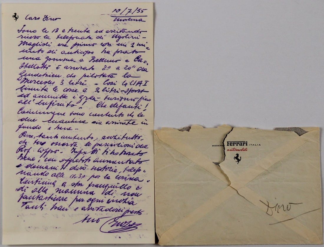 Ferrari Letter from Enzo Ferrari to Dino Ferrari dated 10.0: Enzo Ferrari writes that it is 6:30 PM in Modena and he has just received a call from Ugolini (Scuderia Ferrari racing director Nello Ugolini), Oliver Gendebien has just won the Coppa d'Oro delle