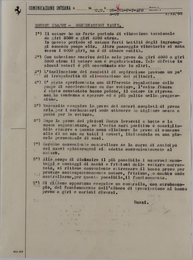 Ferrari Internal Communication from Luigi Bazzi to Enzo Fer: Bazzi informs about the development progress of the further developed 250 engine Tipo 128, which was installed in the models 250 Boano/Elena, 250 Tdf, Pininfarina Cabriolet, etc. Bazzi reports