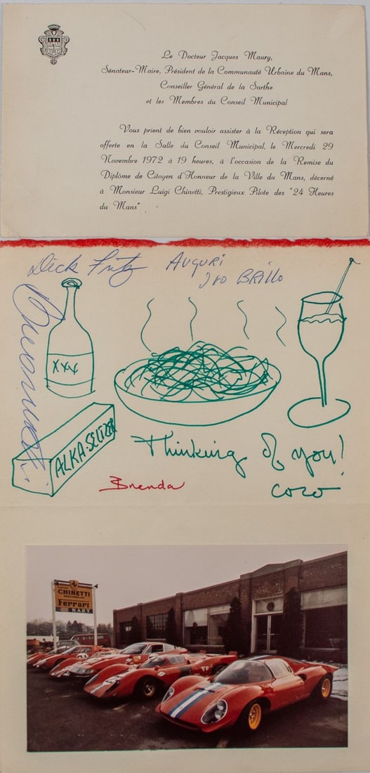 Ferrari Invitation card to Luigi Chinetti for the Le Mans G: With signatures from his son Coco Chinetti, Enzo Ferrari's secretary Brenda and the long-time employees Dick Fritz, Ivo Brillo, with a color photo of Chinetti Motors, witty, very rare document