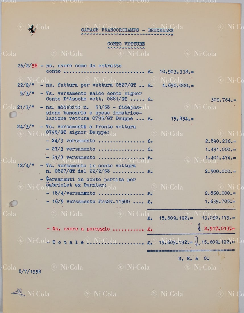 Ferrari Extremely rare early account statement to Garage Fr: Listed therein are a 250 GT Boano High Roof Coupe, Ellena, s/n 0827 GT, a 250 GT LWB Berlinetta Scaglietti TdF, all alloy, s/n 0881 GT, with this car Jacques Swaters contested numerous races in 1958