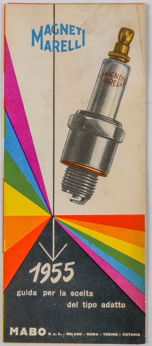 Ferrari Folding brochure Magneti Marelli spark plugs 1955: Including Ferrari 166, 340 normali and 340 Mille Miglia, Italian, 8 pages