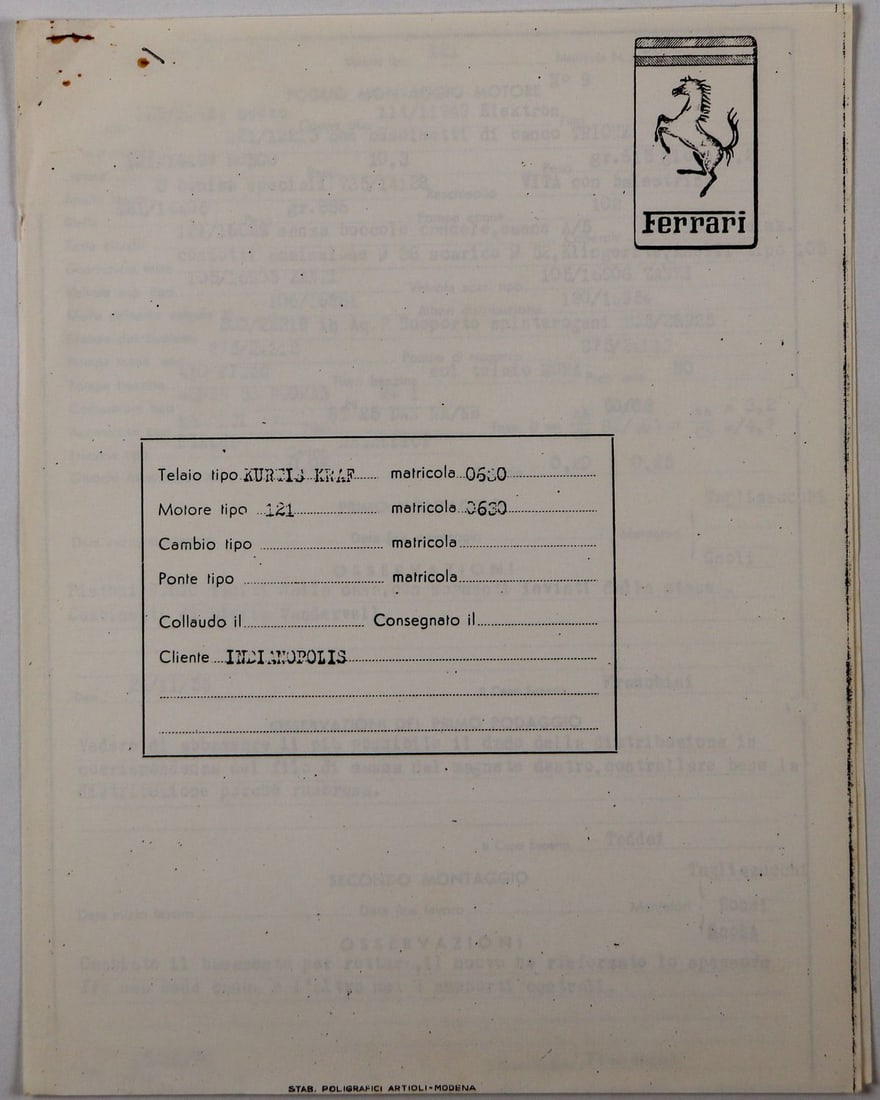 Ferrari Assembly Sheet Chassis 121 LM engine only from 1954: Kurtis Kraft racing car for Indianapolis, Bardahl-Ferrari Experimental Indy car, s/n 0630LM, old Ozalid copy, 2 pages, Italian