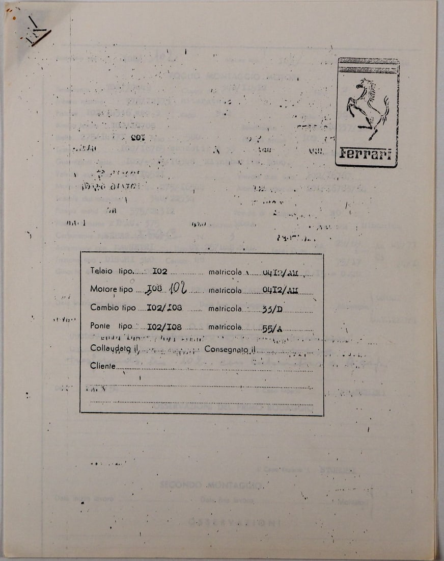 Ferrari Assembly Sheet Chassis 375 MM Spyder PF from 1954: S/n 0412AM, old Ozalid Copy, 5 pages, Italian