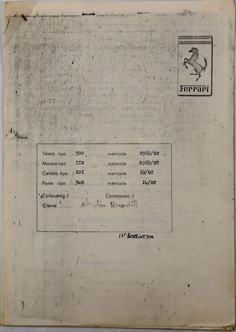 Ferrari Assembly Sheet Chassis Ferrari 250 Europa GT Berlin: S/n 0369GT, old Ozalid copy, 4 pages, Italian