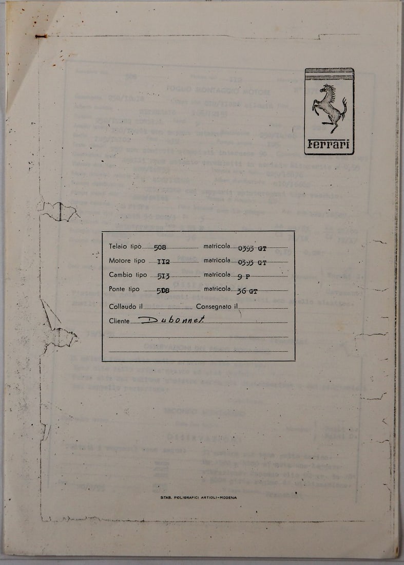 Ferrari Assembly Sheet Chassis Ferrari 250 Europa GT Coupe: S/n 0395GT, old Ozalid copy, 4 pages, Italian