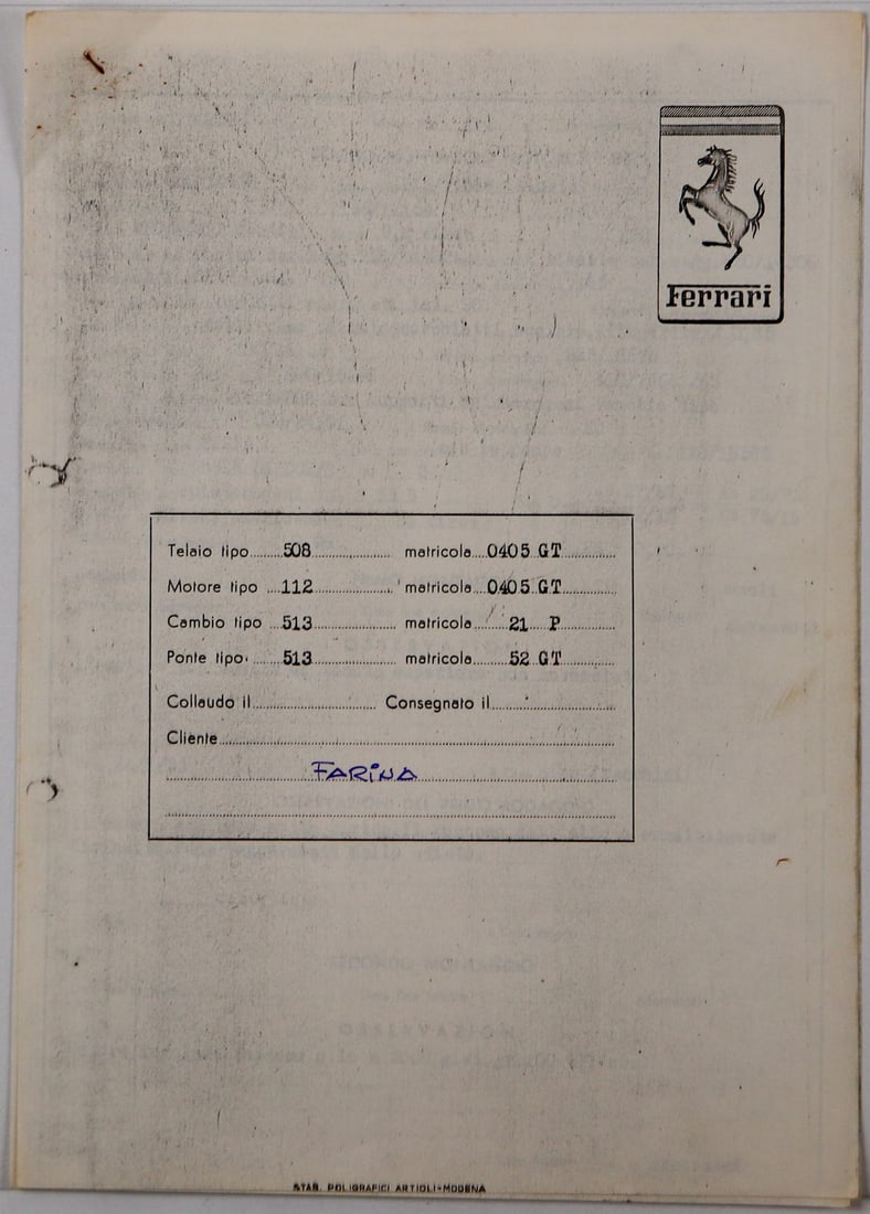 Ferrari Assembly Sheet Chassis Ferrari 250 Europa GT Coupe: S/n 0405GT, old Ozalid Copy, 4 pages, Italian