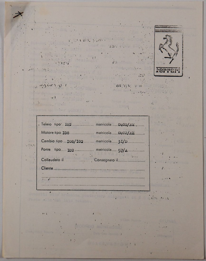 Ferrari Assembly Sheet Chassis Ferrari 375 MM Spyder PF fro: Ex Roberto Rossellini / Ingrid Bergman, s/n 0402AM, old ozalid copy, 5 pages, Italian