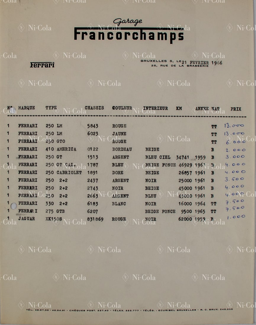 Ferrari Early Vehicle Inventory List of Garage Francorchamp: 12 Ferrari's and 1 Jaguar, including 2 x Ferrari 250 LM, s/n 5843 and s/n 6023, one 250 GTO probably s/n 4757 GT, one 250 GT California Spider, s/n 1787 GT (according to Ferrari this car is a 250 GT P