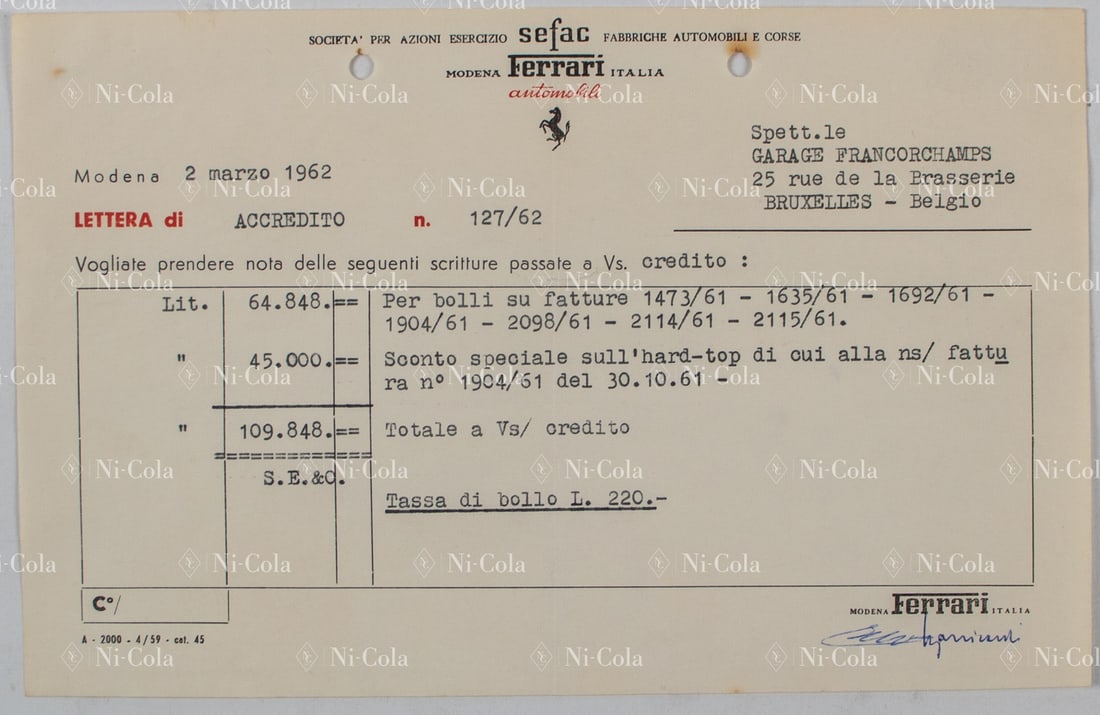 Ferrari Credit note from Ferrari Modena Italia to Garage Fr: Credit note for 7 sales, as well as a special discount for a hardtop, signed among others by Manicardi, print number 4/59- cat.45, very rare