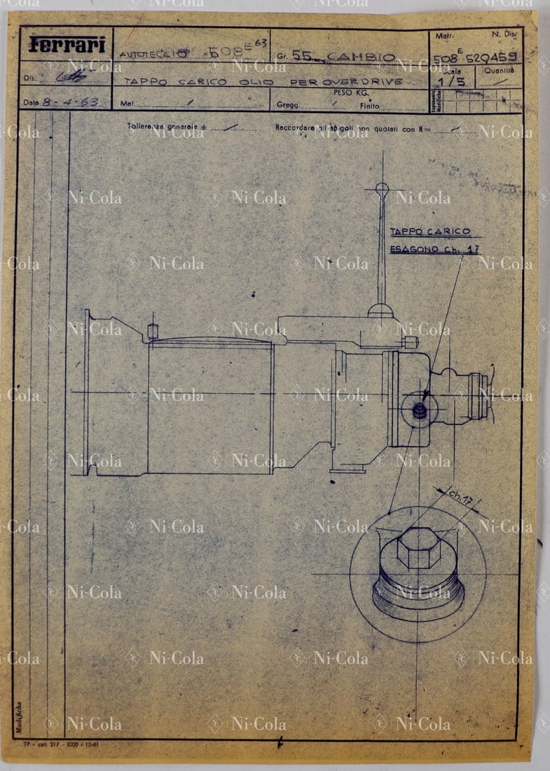 Ferrari Internal Technical Drawing Oil Drain Screw Transmis: For 250 GTE and 330 America
