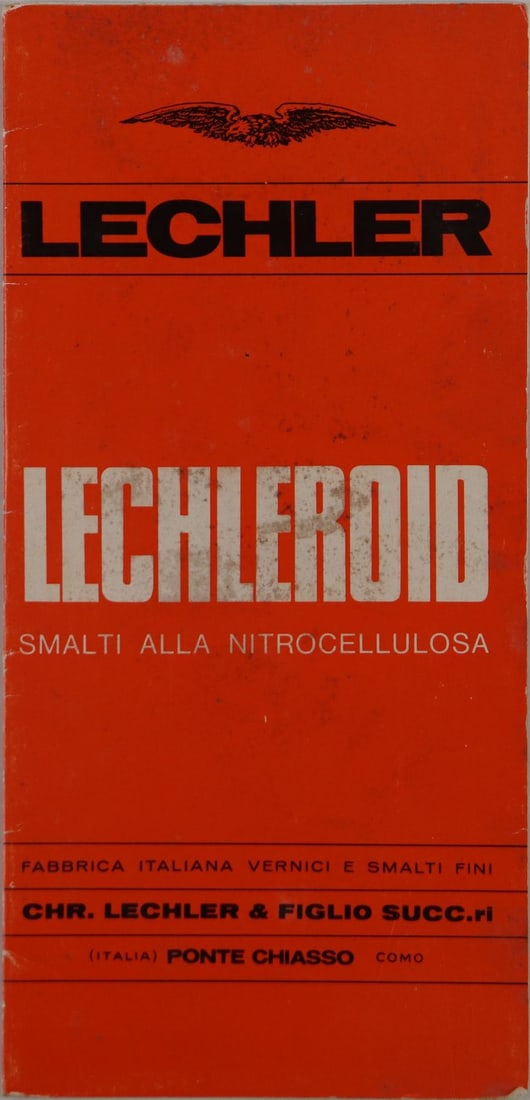 Ferrari Lechleroid paint sample card early 1950s: Rare early version with orange 'Lechleroid' lettering, with a total of 40 samples, including Ferrari color Rosso Alfa, as well as listed historical red tones Rosso Alfa, Rosso di Persia, Amaranto