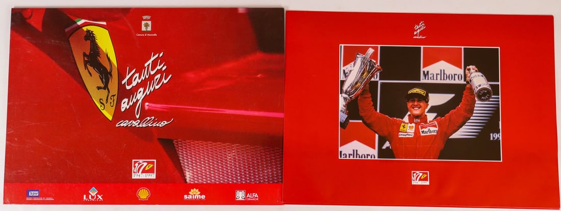 Ferrari Limited portfolio for the 50th anniversary 'Tanti a: With 4 posters: Michael Schumacher, Gilles Villeneuve, Niki Lauda and Alberto Ascari, 70 x 50 cm