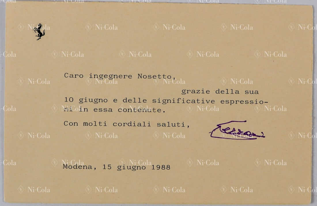 Ferrari Estate of the former racing director of Scuderia Fe: Thank you card from Enzo Ferrari to Nosetto dated 15 giugno 1988, Enzo Ferrari thanks Nosetto for the valued documents that he sent to him, with mailing envelope, one of the last signatures, 2 months