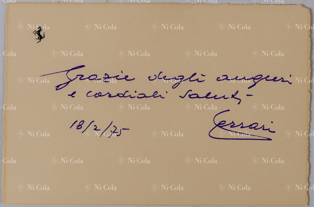 Ferrari Estate of the former racing director of Scuderia Fe: Thank you card from Enzo Ferrari to Nosetto, he thanks him for the congratulations on his 77th birthday, with mailing envelope, handwritten by Enzo Ferrari