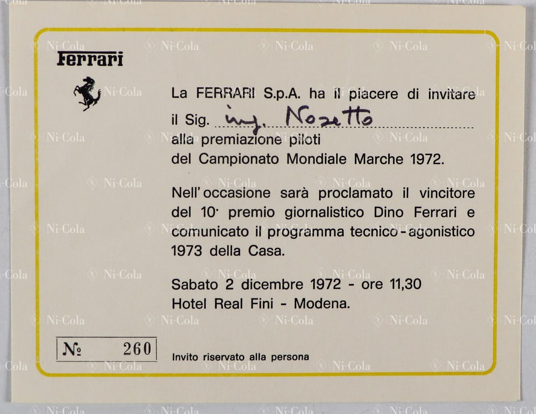 Ferrari Estate of the former racing director of Scuderia Fe: Invitation card for the annual celebration and award ceremony of the Brand World Championship, the 10th Dino Ferrari Journalist Prize, as well as the presentation of the technical and sporting