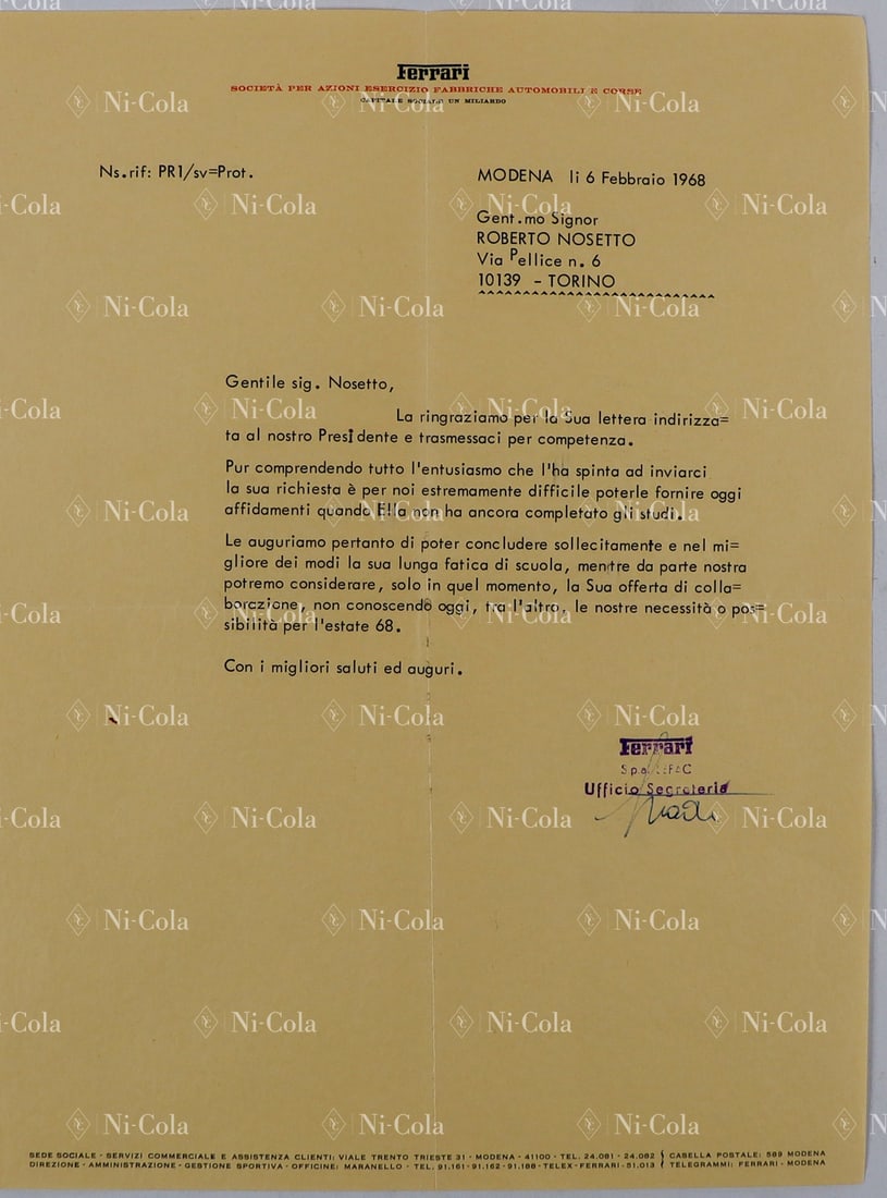 Ferrari Estate of the former racing director of Scuderia Fe: Letter from Enzo Ferrari's secretariat to Nosetto dated February 6, 1968, thanking Nosetto for his letter to the 'Presidente', but stating that it would be impossible to hire him at that time, asking