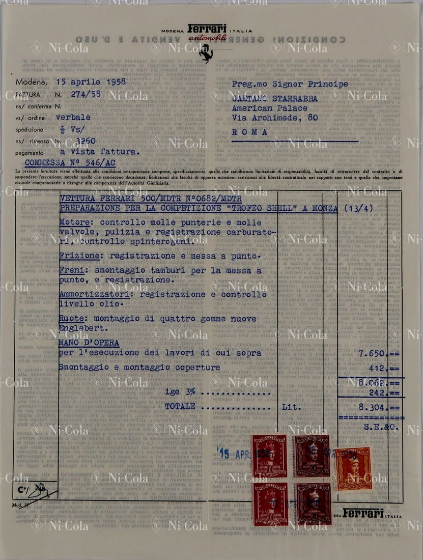 Ferrari Estate of Principe Gaetano Starrabba: Invoice from Ferrari Modena Italia to racing driver Gaetano Starrabba dated April 15, 1958, to make his racing car, a Ferrari 500 TRC Spyder Scaglietti, s/n 0682MDTR, race-ready for the Coppa Shell in