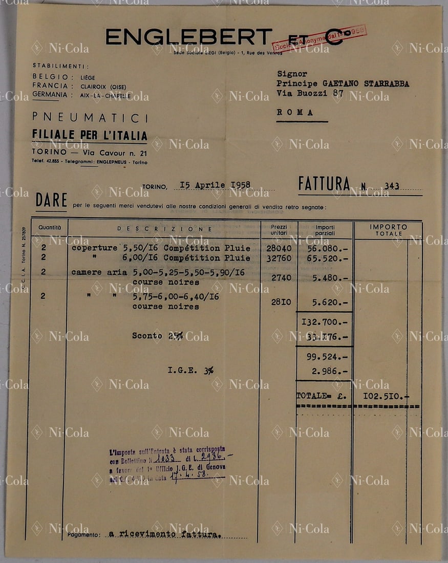 Ferrari Estate of Principe Gaetano Starrabba: Invoice from Englebert Italia, for the delivery of racing tires from April 15, 1958, for the Ferrari 500 TRC Spyder Scaglietti, s/n 0682MDTR, 1 page, Italian
