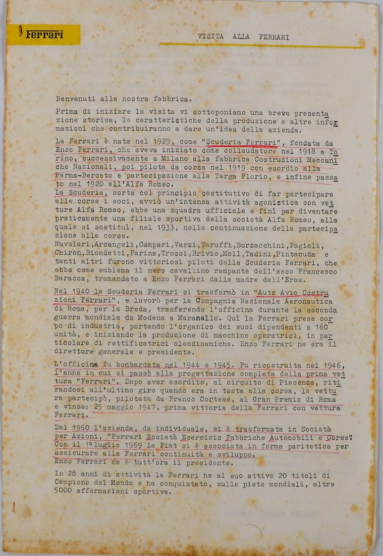 Ferrari Newsletter 'Visita Alla Ferrari' from 1975: 2 pages, overview of the company history and current status, Italian