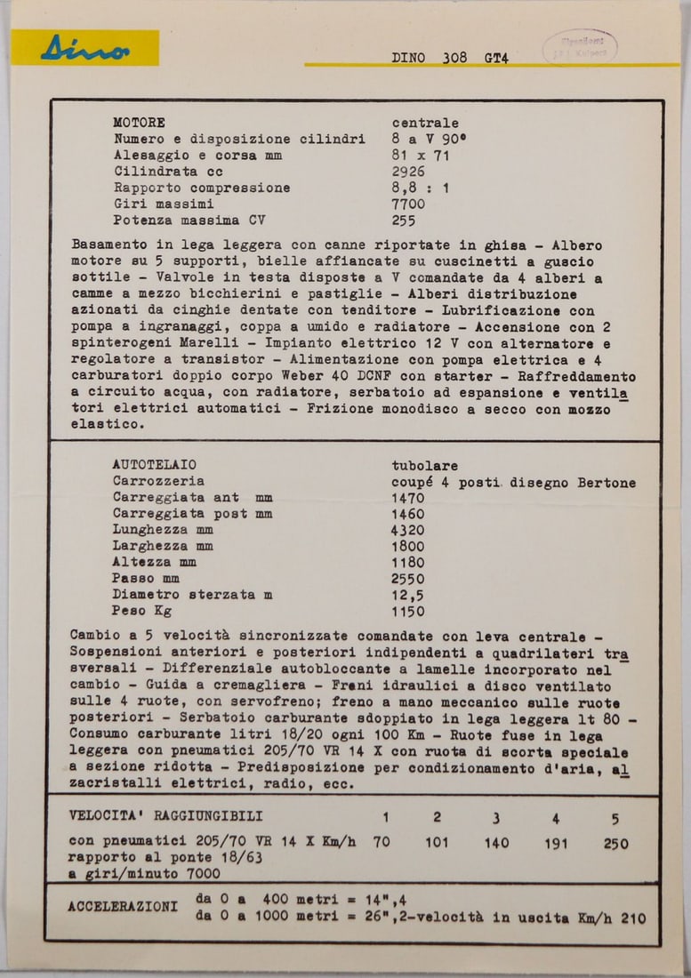 Ferrari Notiziario Data Sheet Dino 308 GT4 from 1969: 1 page, Italian