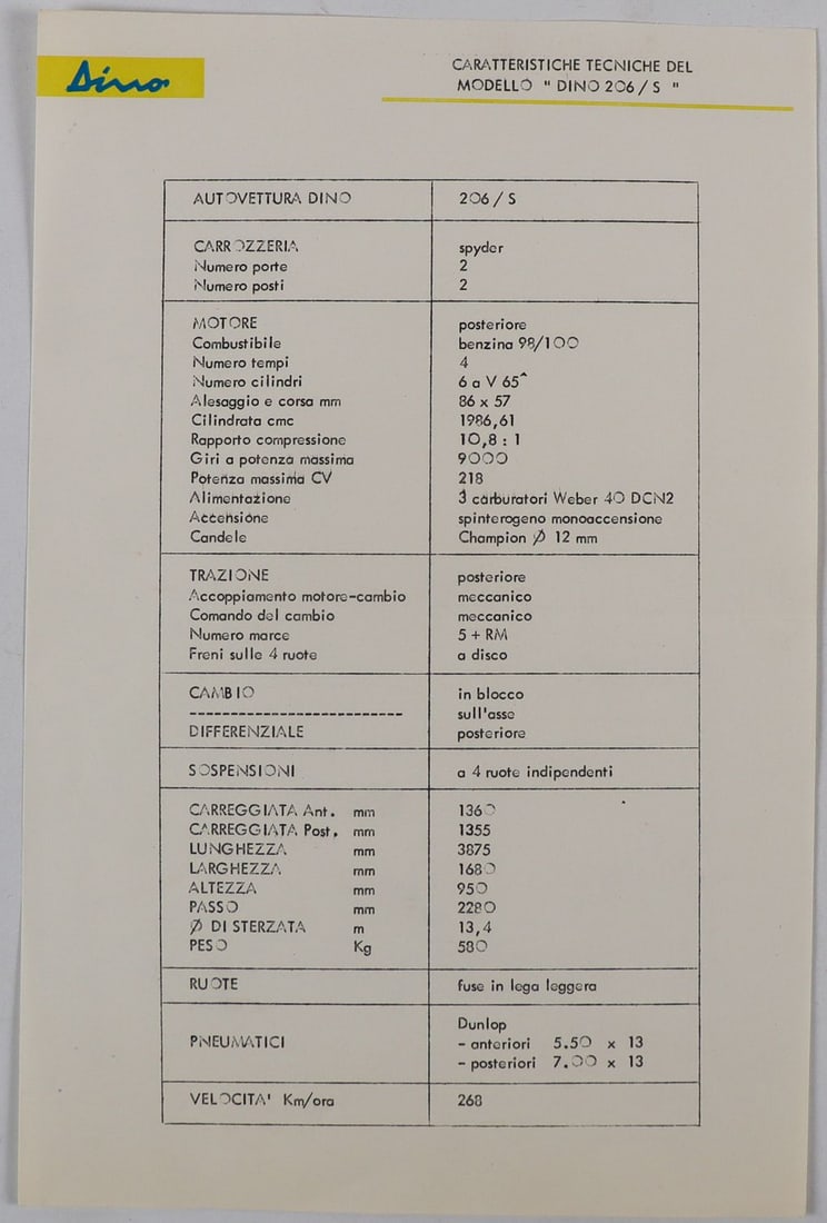 Ferrari Technical Data Bulletin Type Dino 206S: 1 page, Italian
