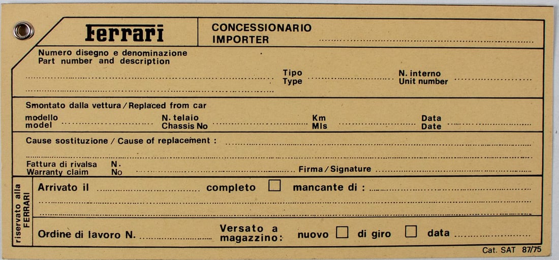 Ferrari Original spare parts label from 1975: Blanco, Print number Cat. SAT 87/75