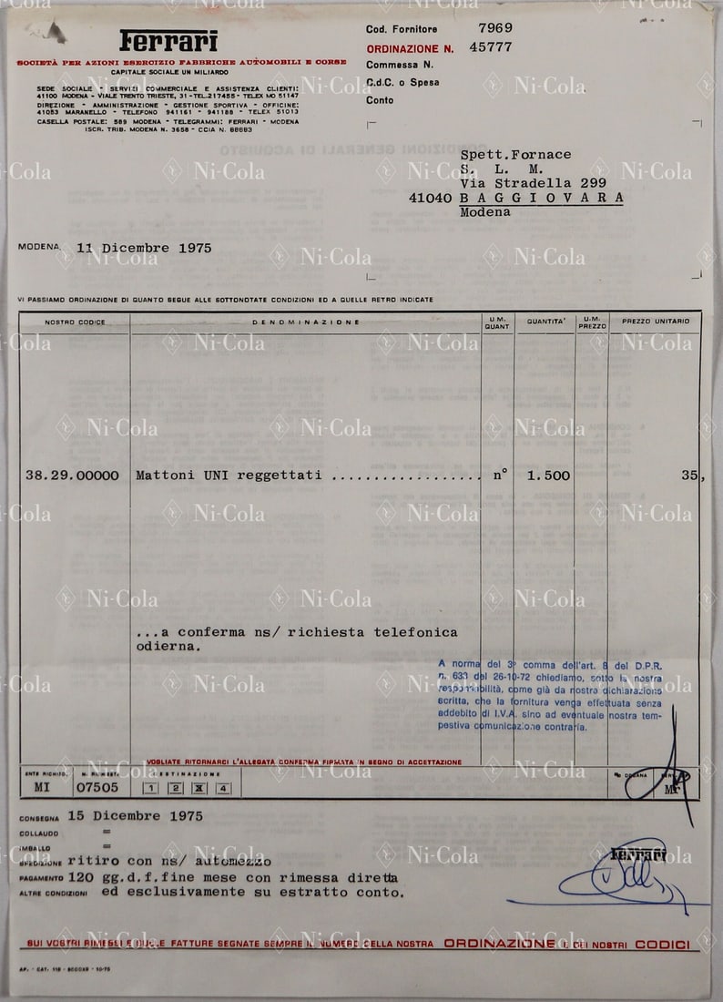 Ferrari Original Ferrari invoice from 1975: Italian