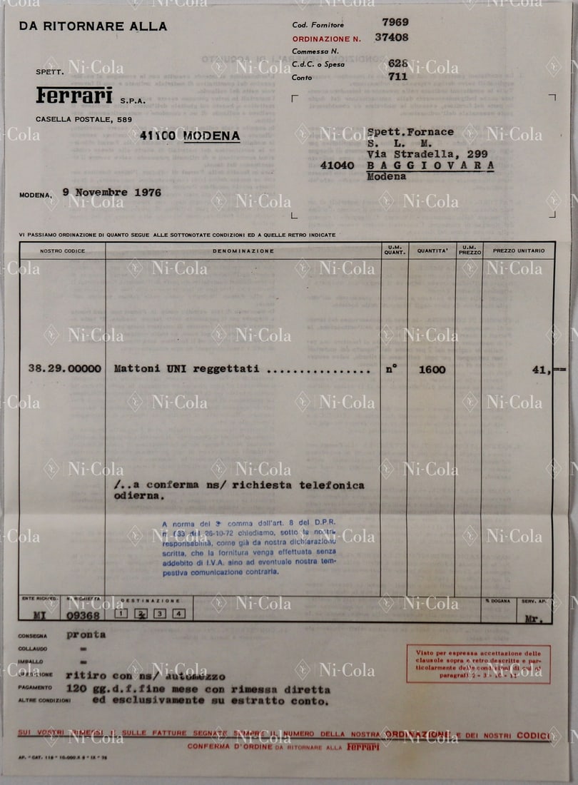 Ferrari Original Ferrari invoice from 1976: Italian