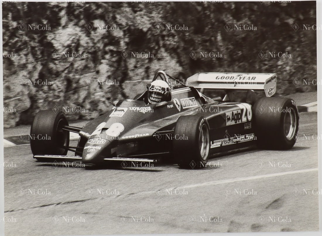 Ferrari Original B/W - Press photo GP Monaco 1982: The later second-placed Didier Pironi on Type 126 C2 brakes into the Fairmont hairpin, 24 x 18 cm, stamped: Jean-Francois Marchet