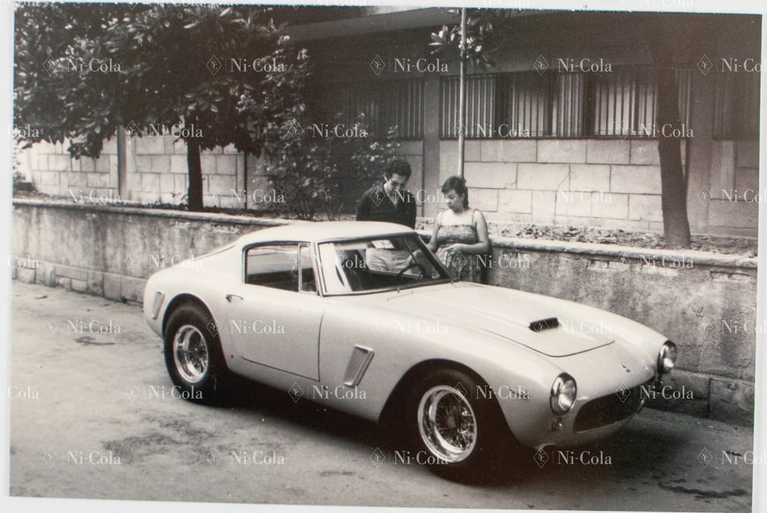 Ferrari Original B/W press photo Type 250 GT SWB s/n 2939GT: After restoration at Scaglietti, with Gabriella Coltrin, 18 x 13 cm, stamped: Foto Coltrin