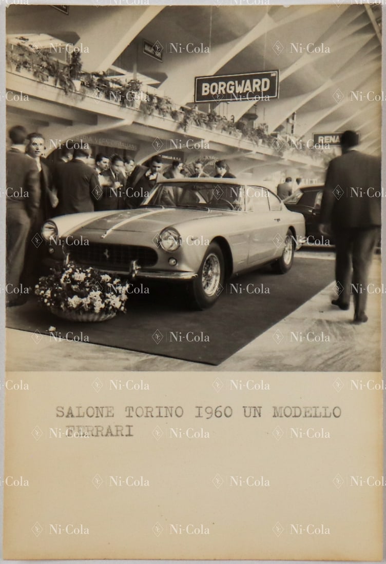 Ferrari Original B/W press photo Automobile Salon Turin 196: Ferrari 250 GTE 2+2, the 3rd prototype by Pininfarina, s/n 2031GT, 14.5 x 9 cm, very rare photograph
