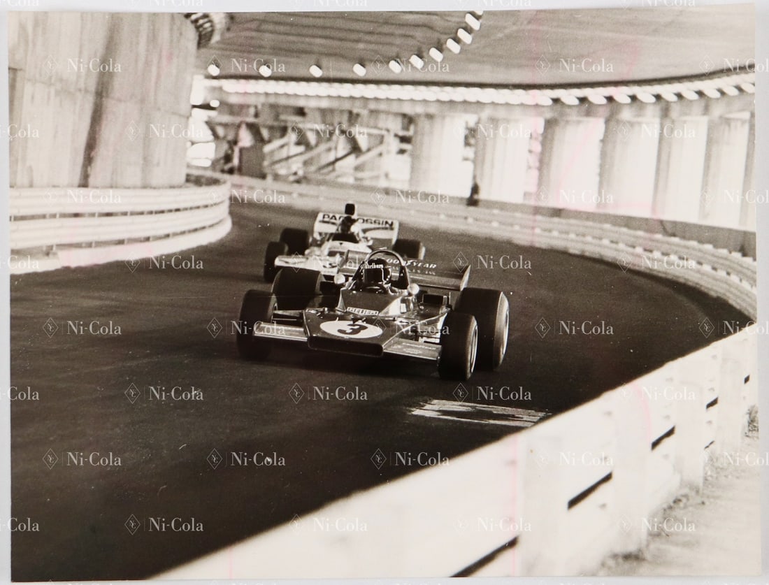 Ferrari Original B/W press photo GP Monaco 1973: Jacky Ickx in the Ferrari 312 B3 and Andrea de Adamich in the Brabham BT37, stamped 'A.H. Rottensteiner', 18 x 24 cm