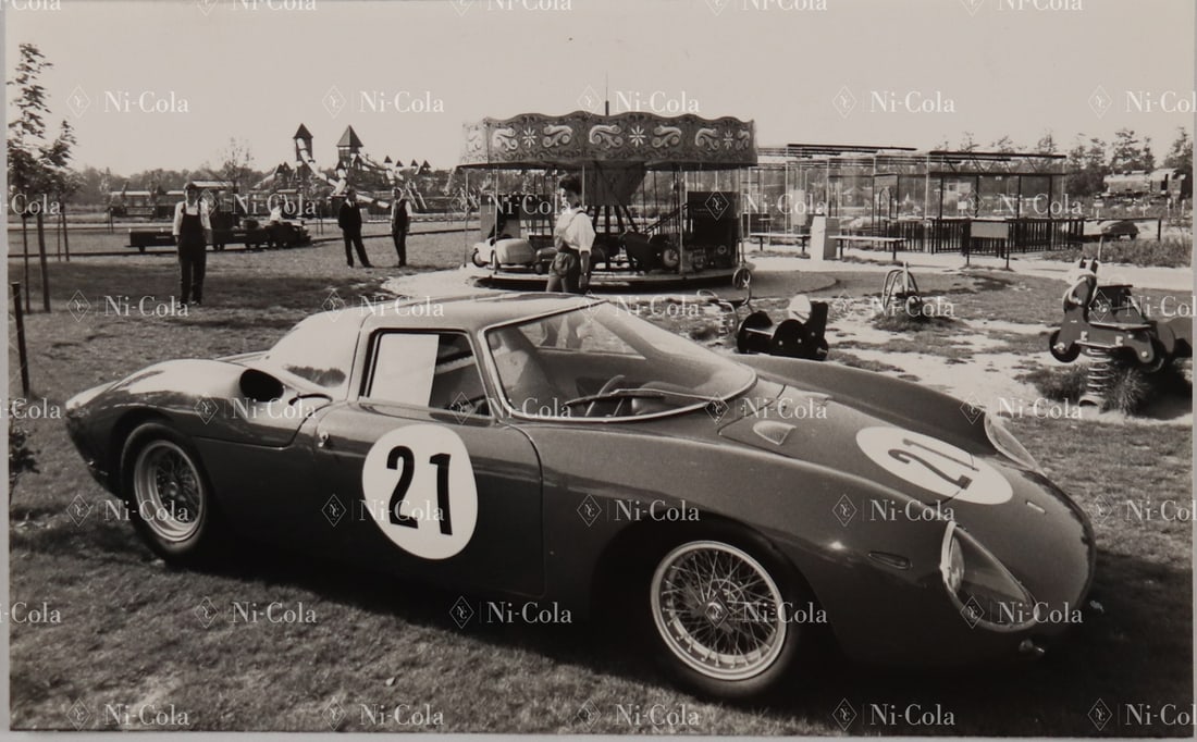 Ferrari Original B/W press photo Le Mans 1965: The winning car 250 LM Drogo long nose, s/n 5893 by Rindt / Gregory / Hugus, displayed at the Dutch theme park Vervoer Rosmalen at a Ferrari event, 20 x 12.5 cm