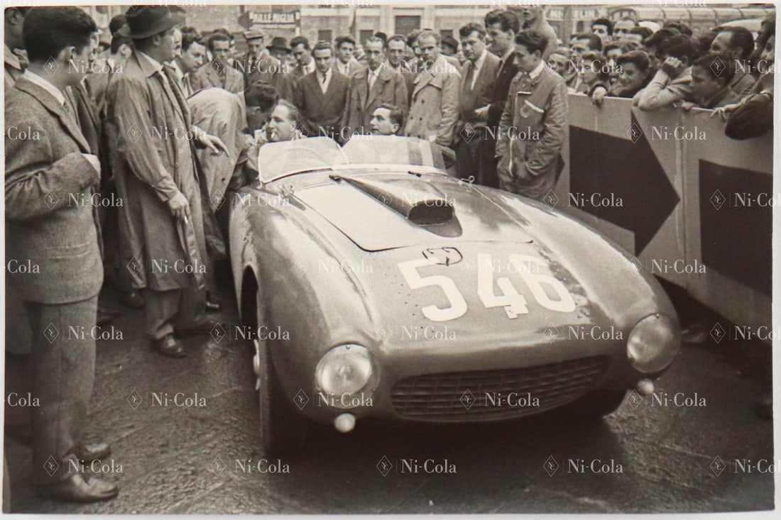 Ferrari Original B/W Press Photo Mille Miglia 1954: The Ferrari 375 MM Spyder PF by Scotti / Prandini, s/n 0360AM, 14.5 x 9.5 cm