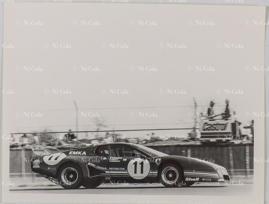 Ferrari Original B/W press photo Type 512 BB LM Le Mans 198: Team EMKA Racing with starting number 11 at the 24 Hours of Le Mans 1981, stamped on reverse