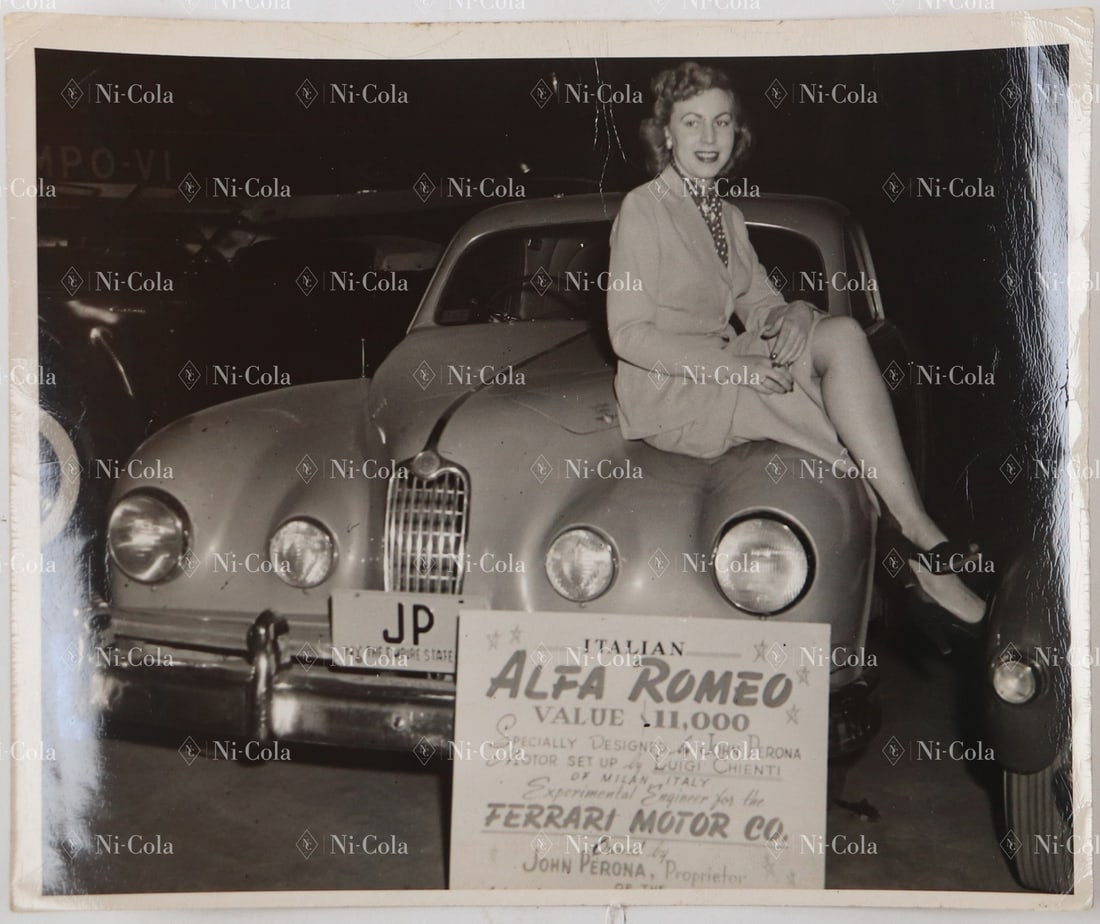 Ferrari Original B/W press photo Type 6C 2500 from the 1950: The information sign in the image mentions a connection to Ferrari Motor Co. and names Luigi Chinetti as an involved engineer. Chinetti was a key figure for Ferrari in the USA and a well-known racing
