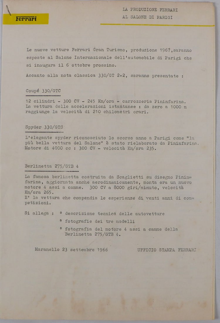 Ferrari Press Release Automobile Show Paris 1966 (1 of 2)