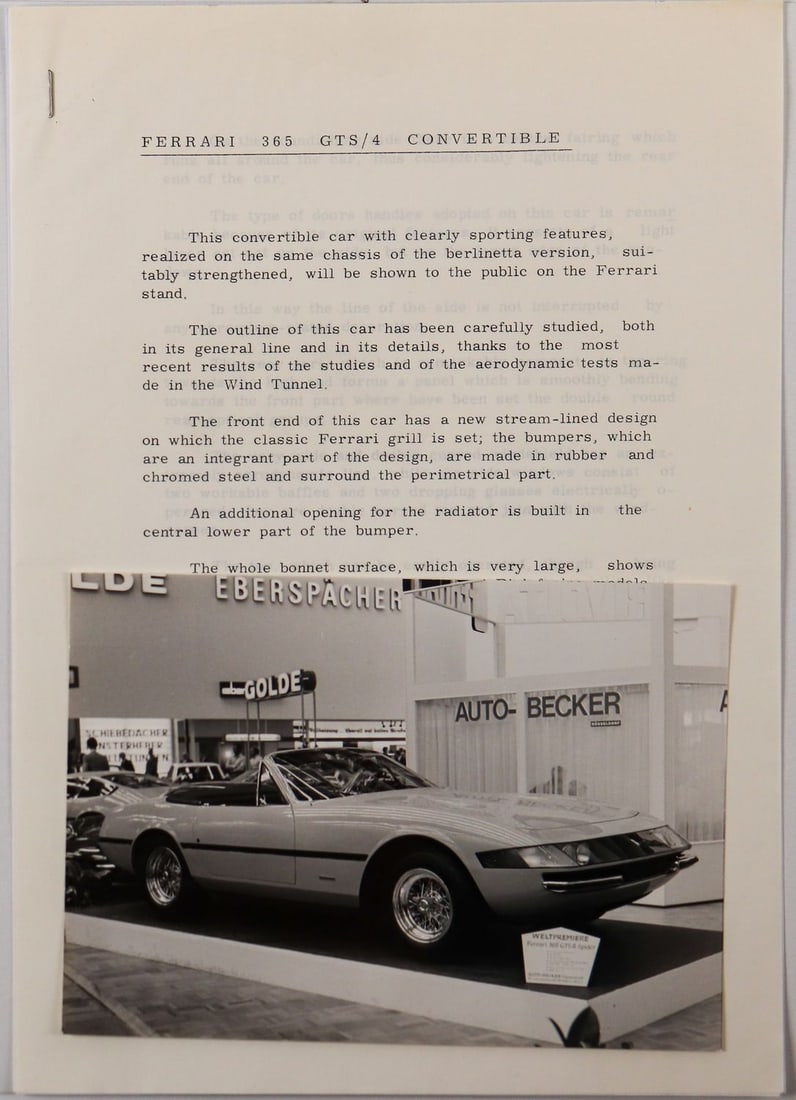 Ferrari Press Release Ferrari 365 GTS/4 Convertible from 19: 2 pages, English, old ozalid copy, plus 1x original B/W press photo, stamped: Carrozzeria Pininfarina, 17.5 x 12.5 cm
