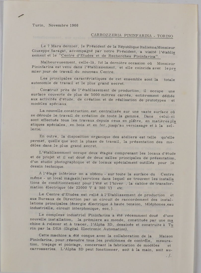 Ferrari Press Release Pininfarina Automobile Salon Turin 19: 2 pages, French